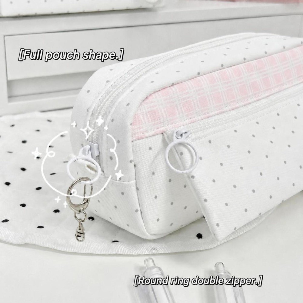 Aesthetic Large Pencil Case Pouch - Kotak Pensil Polka Dot Plaid Estetis