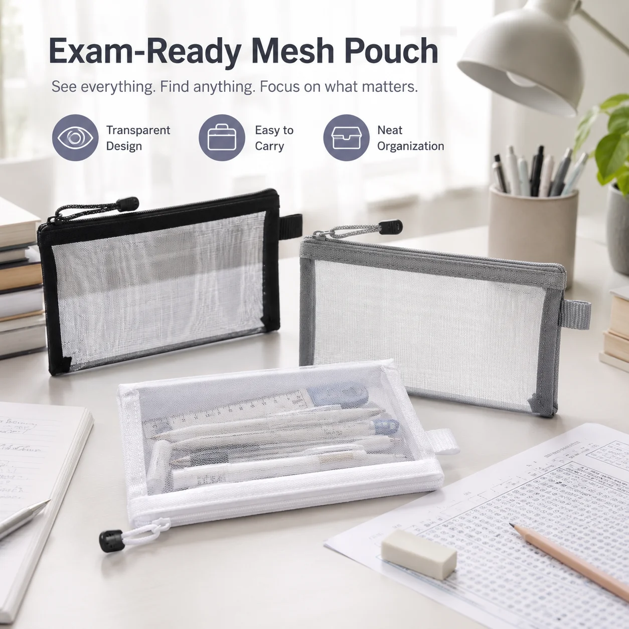 Tas Pena Jaring Transparan den - Clear Mesh Pencil Pouch For Exam ulasan dan harga